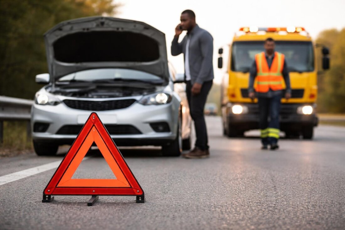 Car broken down on a busy motorway with hazard lights on