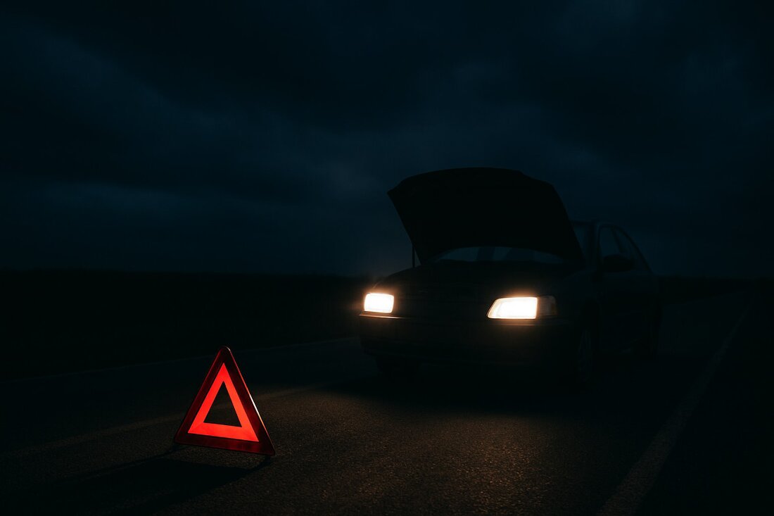 Driver standing safely behind a barrier while waiting for a recovery truck at night